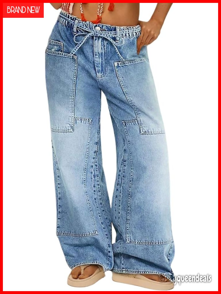 Wide Leg Jeans Elastic Mid Waist Belt Baggy Loose Casual Y2k Denim Pants With
